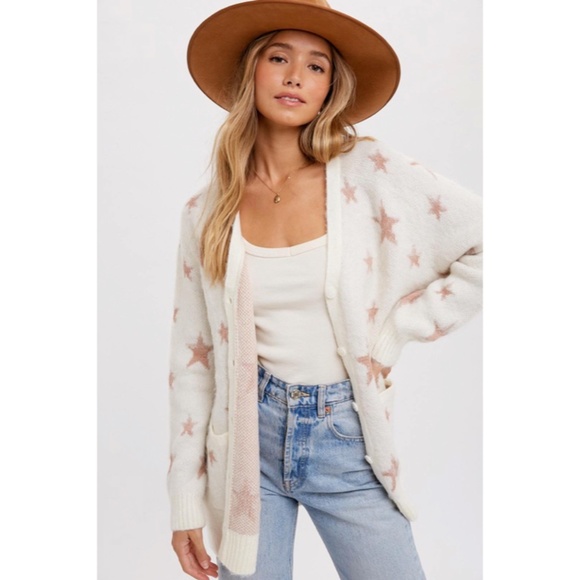 Sweaters - SOLD OUT Cream Star Pattern Knit Mohair Button Front Cardigan Sweater w/ Pockets